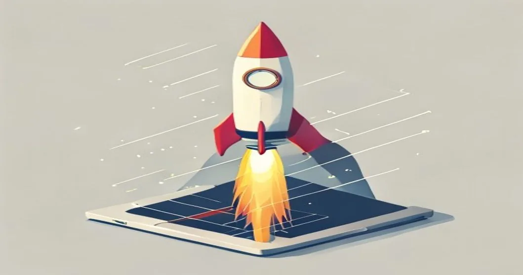 Ilustración de crear un MVP rápido con IA: cronómetro alrededor de un cohete despegando desde una computadora